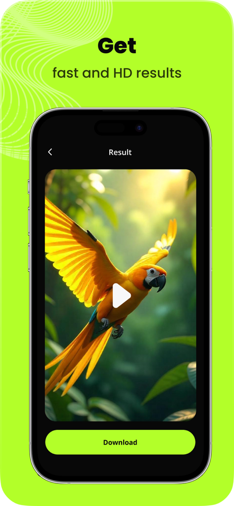 Un smartphone mostrando un video HD generado por IA de un loro colorido volando en una jungla exuberante con un botón de descarga.
