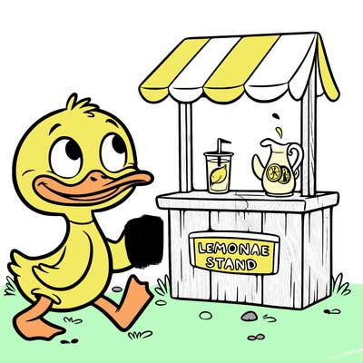 duck walking up to a lemonade stand
