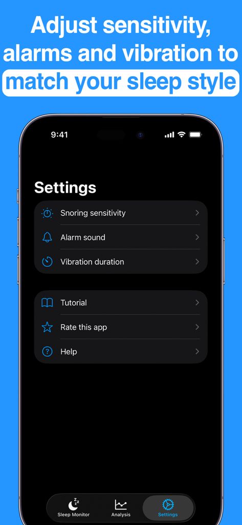 Snore Alarm - Settings menu of the Snore Alarm app showing options for snoring sensitivity and alarm sounds