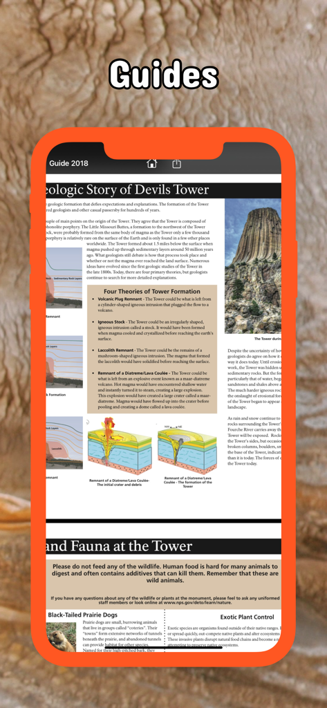 A mobile screen showing a detailed geological and wildlife guide for Devils Tower National Monument.