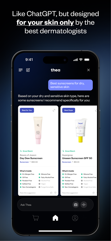 KI-Chat-Interface der Thea-App mit personalisierten Sonnenschutzempfehlungen und erschwinglichen Hautpflege-Duplikaten.