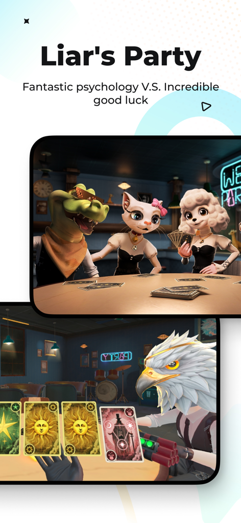 3D animal avatars playing a card game in the Liars Party mode