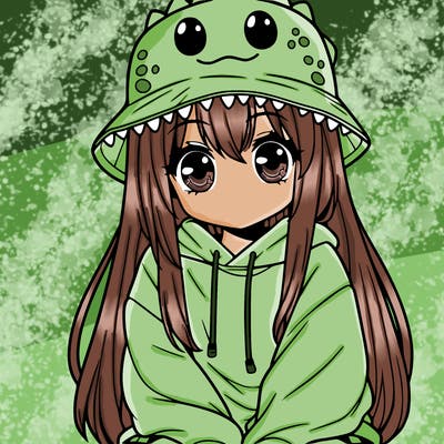 girl with anime shaped eyes with a dinosaur bucket hat oversized sweatshirt long straight hair