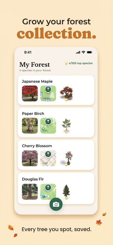Tree Identifier - Tree ID - Tree Identifier app interface displaying the My Forest section with a collection of identified tree species and their locations