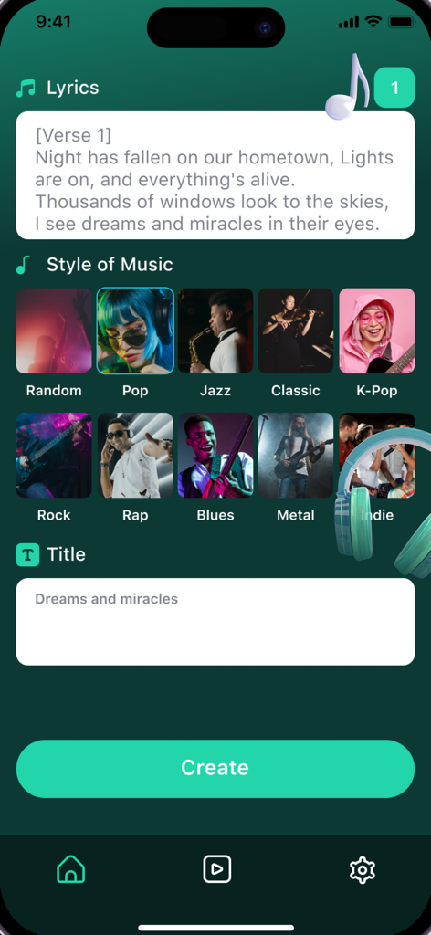 Interface of Aiva AI music generator app showing lyrics input style selection and create button