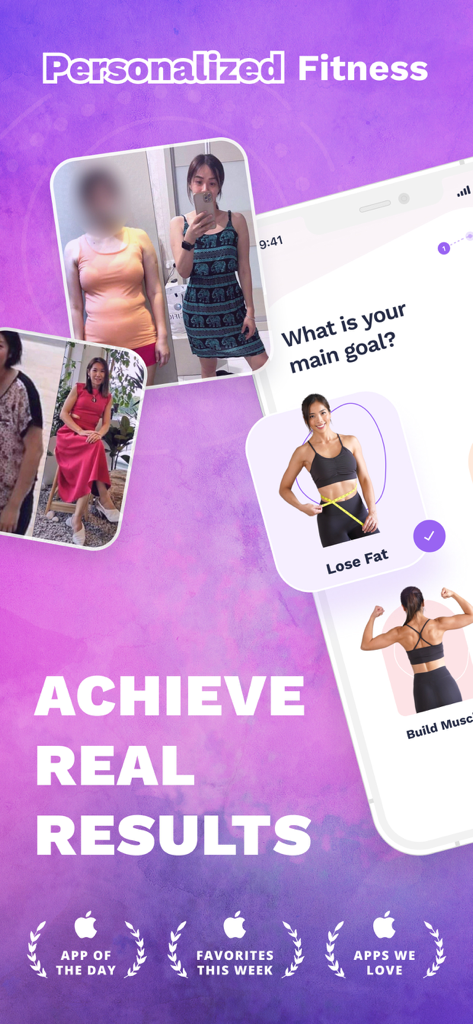 Nüli - Home & Gym Workouts - Nuli fitness app interface showing personalized workout goals and before and after transformation photos of women