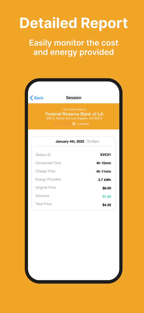 Time2Plug - Application Time2Plug montrant un rapport détaillé de session de recharge VE avec les métriques de coût, d'énergie et de durée
