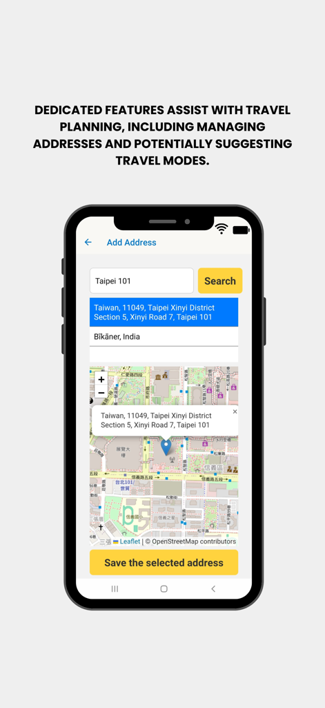Weather-Calendar - The address search and map interface within the Weather-Calendar app for travel planning