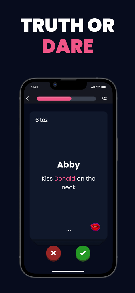 Smartphone screen showing a Truth or Dare challenge in the TOZ party game app