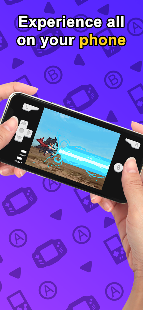 Delplay GBA emulator - Person playing a retro pixel art game on an iPhone using the Delplay GBA emulator on-screen controls