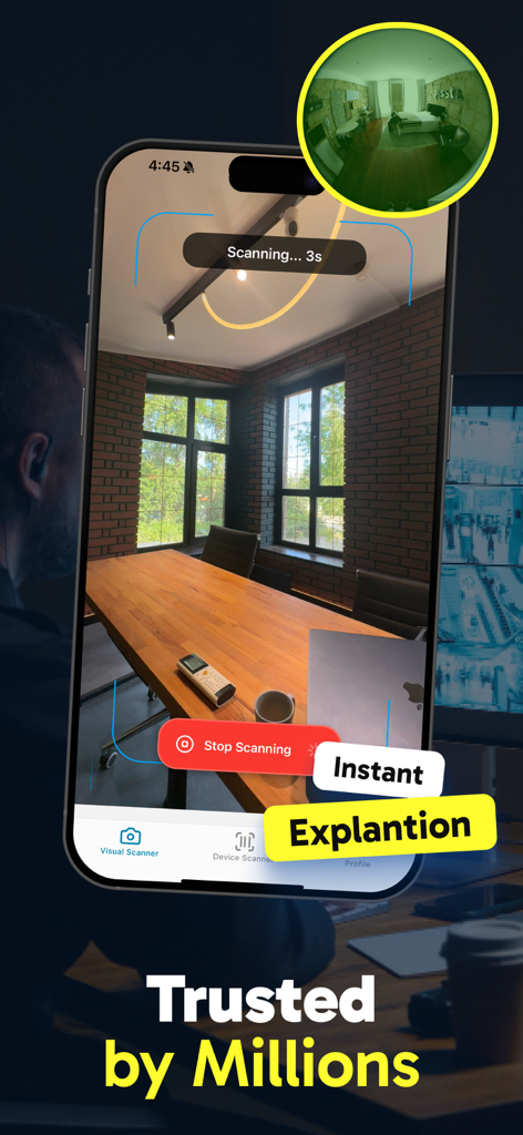 Detect Camera・Device Cam Find - Eine Smartphone-App-Oberfläche, die die visuelle Scannerfunktion zeigt, die in einem Besprechungsraum nach versteckten Geräten sucht