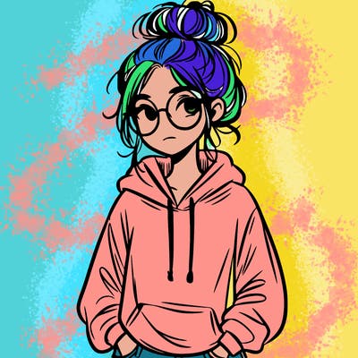 teen girl with a messy bun and glasses wearing a loose hoodie and jeans