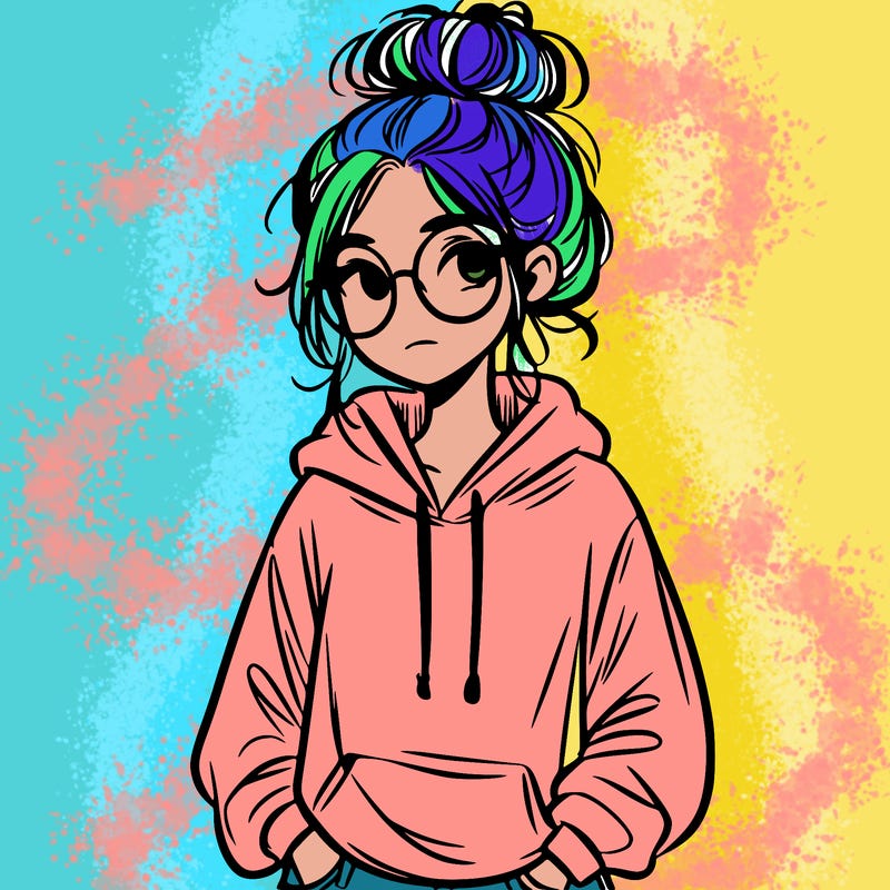 teen girl with a messy bun and glasses wearing a loose hoodie and jeans