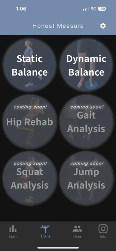 Honest Measure - Honest Measure app screen displaying training options for static and dynamic balance assessments