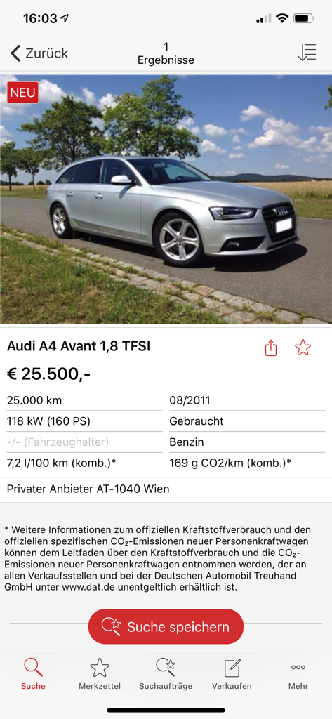 Anuncio de coche de segunda mano para un Audi A4 Avant en la app gebrauchtwagen.at