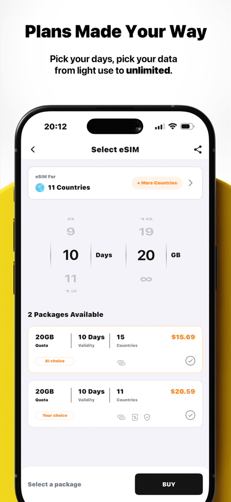 Yoho eSIM: AI Travel Data/Call - Yoho eSIM app interface for selecting custom travel data plans by duration and data amount.