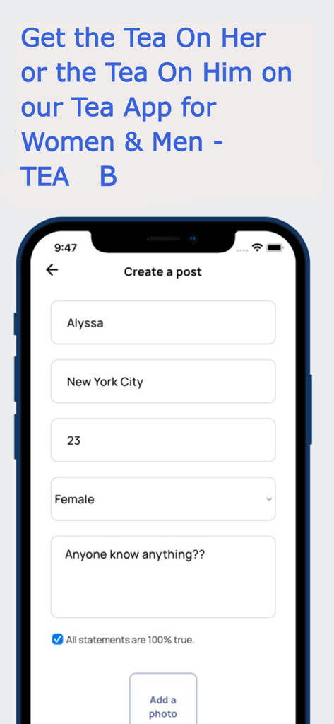 A screenshot of the TEA B app interface for creating a post to share information about a person.