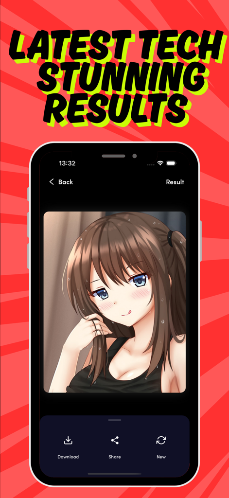 Interface do aplicativo Anime Maker mostrando um retrato de anime de alta qualidade com botões para download e compartilhamento