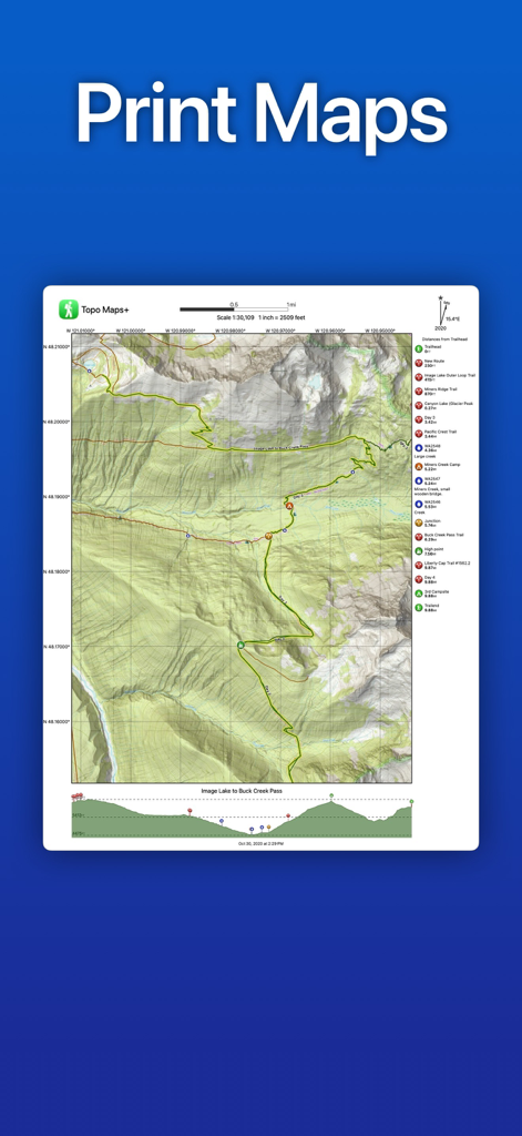 Topo Maps+ - A printable topographic map showing a hiking route with elevation profile and trail waypoints.