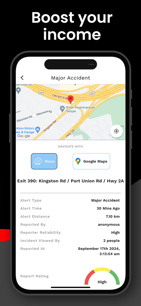 Towtaled - Incident Tracking - Towtaled app interface showing a major accident alert with map location and navigation options for tow truck operators