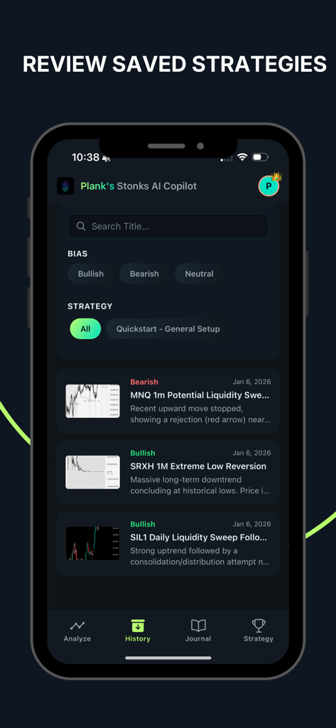 Stonks AI - Interface do aplicativo móvel Stonks AI para revisar estratégias de negociação salvas e histórico de análise de mercado