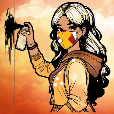 realistic girl with mask spray painting a wall