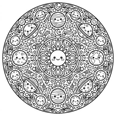 Dive into a universe of cuteness with this charming Kawaii Planets Mandala coloring page. This intricate symmetrical design features adorable celestial bodies, ready for your creative touch.