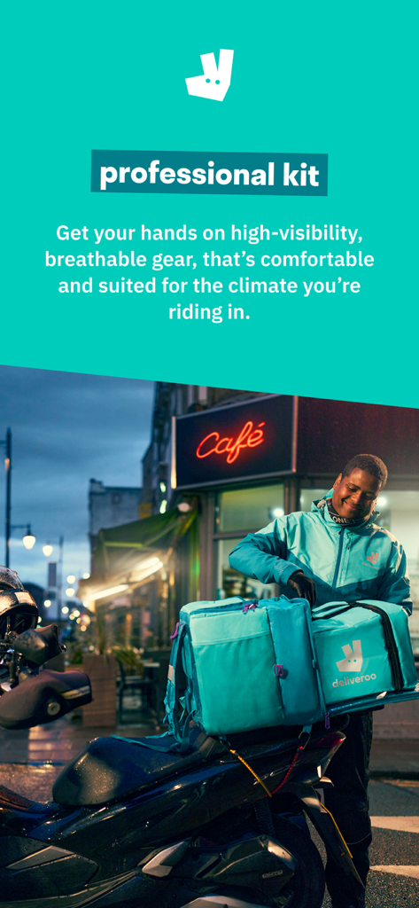 Deliveroo Rider - Deliveroo rider wearing high visibility professional gear next to a motorcycle with a delivery bag
