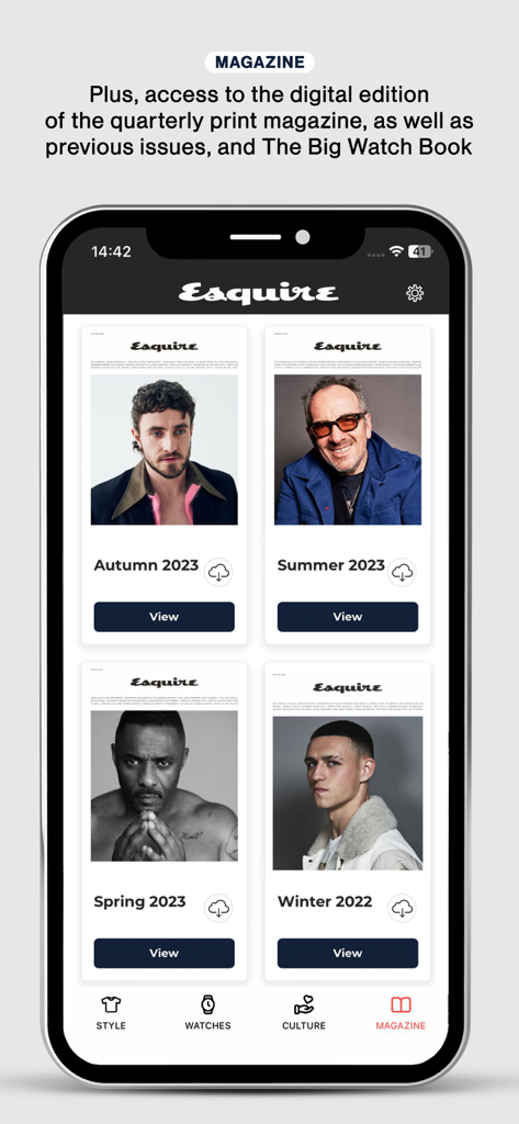 Esquire UK - Esquire UK mobile app displaying a selection of digital magazine issues from the archive on an iPhone.