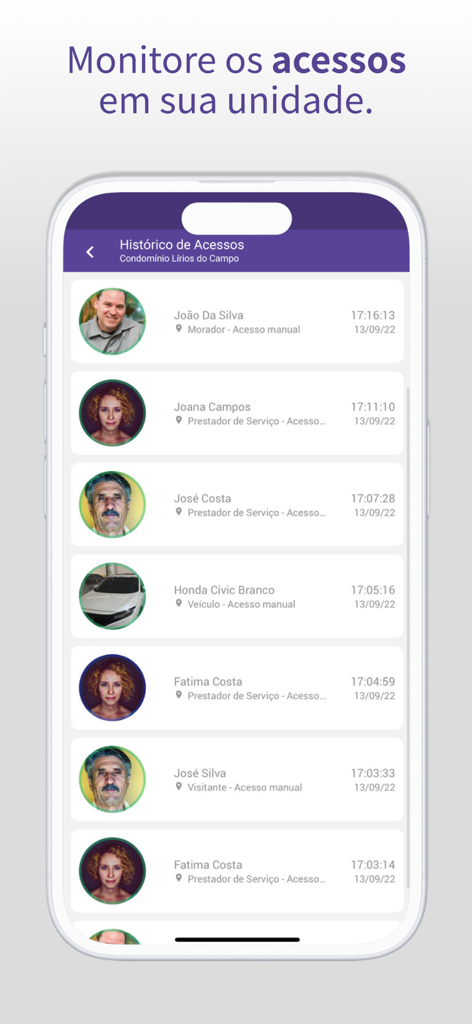 Écran de smartphone montrant l'historique d'accès de l'application Condfy avec une liste de résidents et de visiteurs incluant leurs photos de profil et leurs horodatages d'entrée.