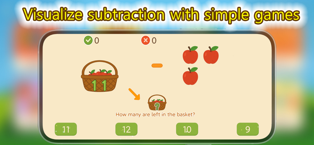 Counting Magic- kids math 123 - Una pantalla de matemáticas preescolar que muestra un juego de resta con manzanas y cestas para el aprendizaje visual.