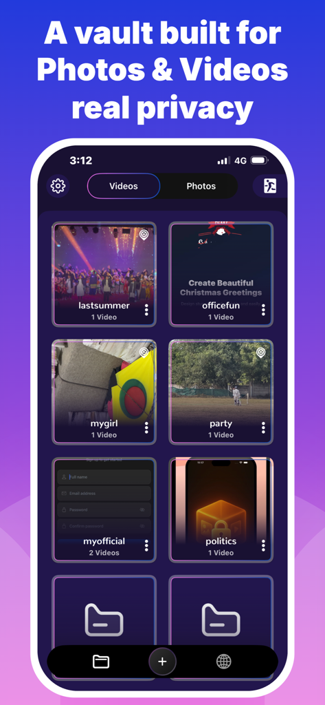 Private Photo & Video Lock - Interface of a private video lock app showing various video albums for real privacy
