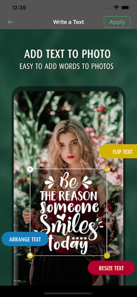 Typorama-Edit Text On Pictures - A mobile app interface showing how to add and edit aesthetic text on a photo of a woman