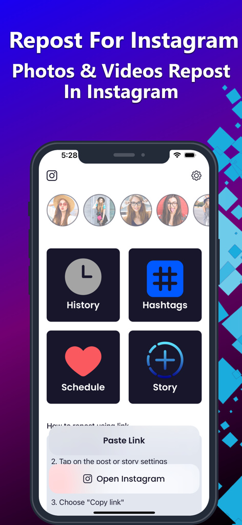 InstaSave : IG Reels Stories - Dashboard of the InstaSave app showing features for reposting Instagram content including history and hashtags