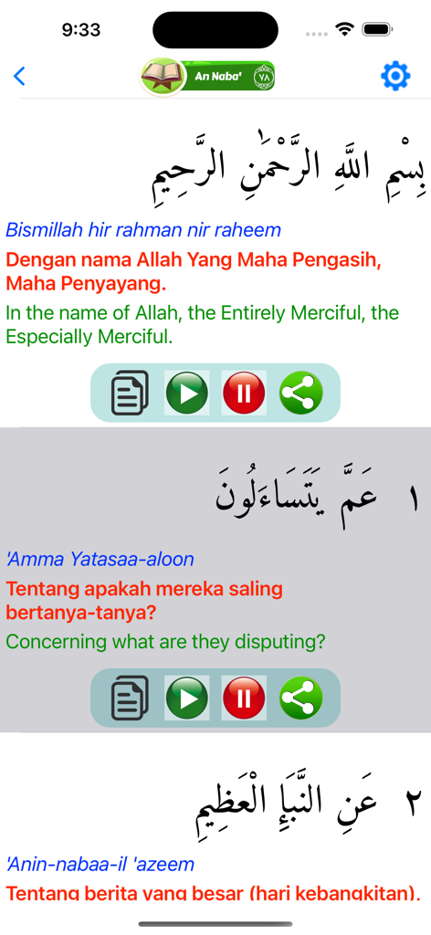 Hafalan Juz Amma Lengkap - Quran reading interface showing Surah An Naba with Arabic text and translations in Indonesian and English