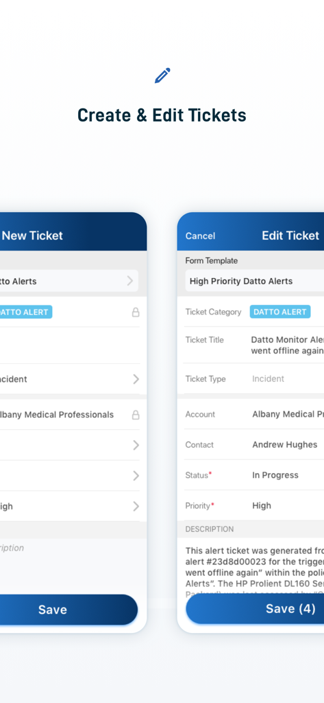 Autotask LiveMobile - Mobile interface of Autotask LiveMobile displaying screens to create and edit service tickets for IT professionals