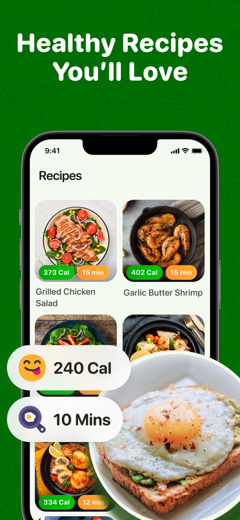 Calo app interface showing healthy meal recipes with calorie counts and preparation times