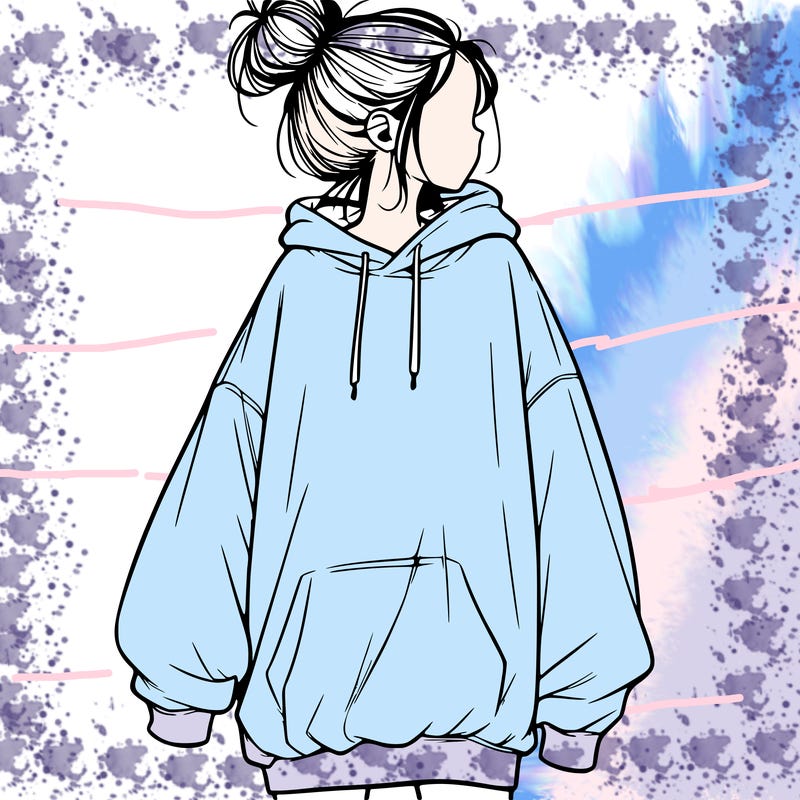 realistic girl with a oversized sweatshirt on and a bun