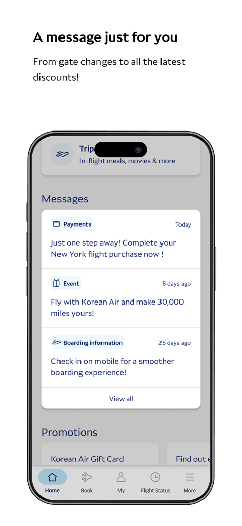 Korean Air My app interface showing personalized notifications for flight bookings, mileage events, and boarding information.