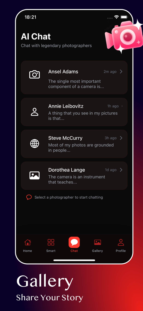 Closer - Join chat - Pantalla de Chat IA de la aplicación Closer mostrando opciones de chat con fotógrafos legendarios como Ansel Adams y Annie Leibovitz