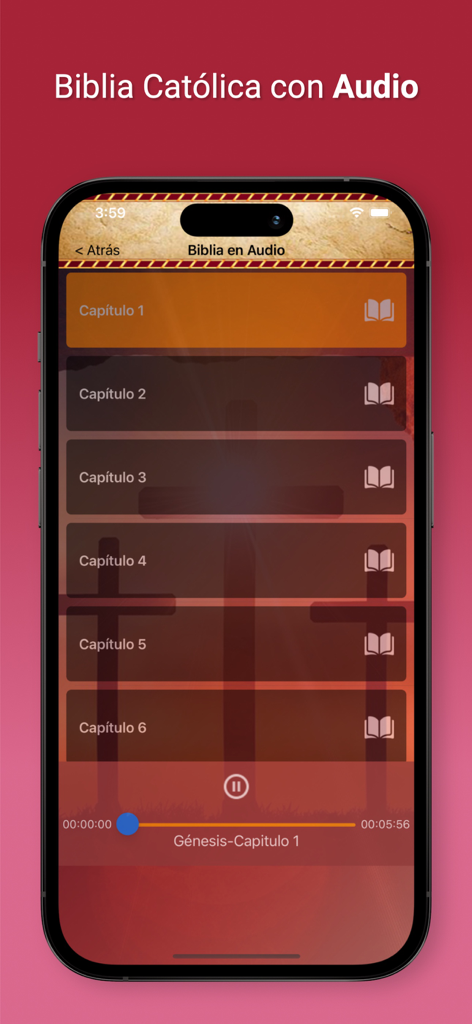 La Biblia Católica - Interface of the Spanish Catholic Bible app showing the audio player for Genesis Chapter 1.