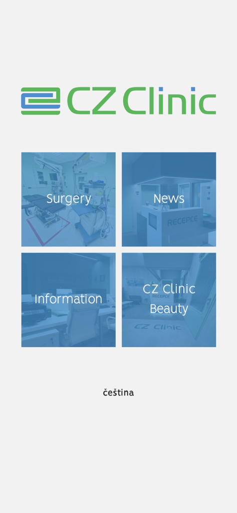 CZ Clinic Operace - Home screen of the CZ Clinic Operace app with navigation tiles for Surgery News Information and Beauty