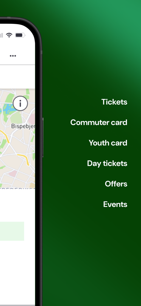 Menu in the Rejsebillet app showing options for tickets commuter cards and day tickets
