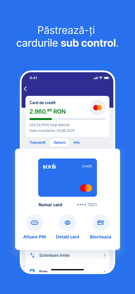 George Romania - Interface de l'application mobile George Roumanie montrant la gestion de carte de crédit et les fonctionnalités de sécurité