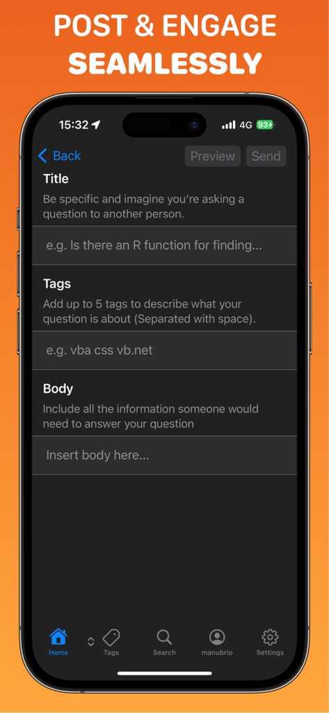 Crew - Stack Overflow Code Q&A - A native iOS interface for composing a Stack Overflow question with fields for title tags and body in dark mode