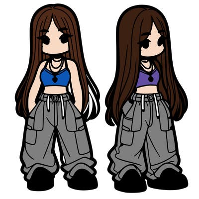 girl in baggy pants crop top and long hair