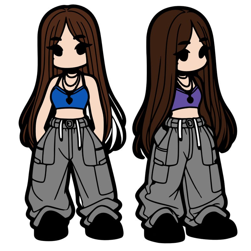 girl in baggy pants crop top and long hair