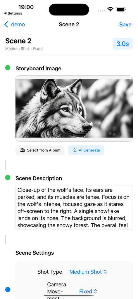 SmartBoard app interface for editing storyboard scenes featuring an AI generated sketch of a wolf and camera settings