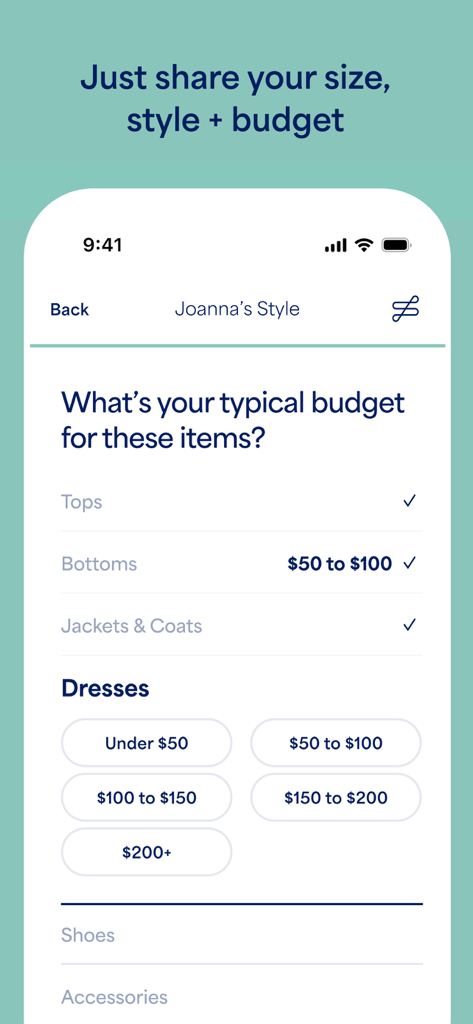 Stitch Fix - Personal Styling - A mobile interface for the Stitch Fix style quiz showing budget selection for different clothing categories like dresses and bottoms.