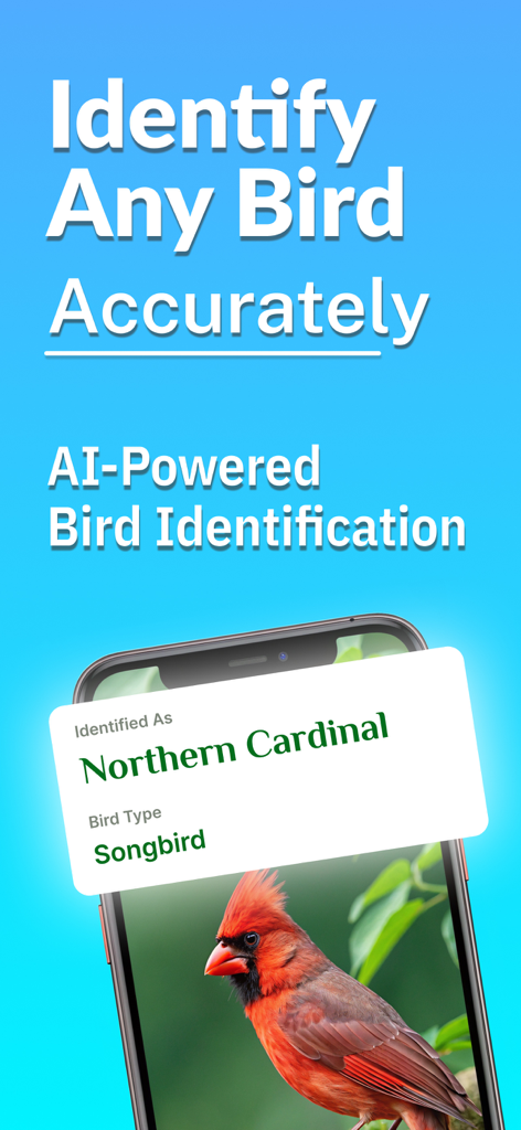 AI bird identification app screen showing a Northern Cardinal identified as a songbird